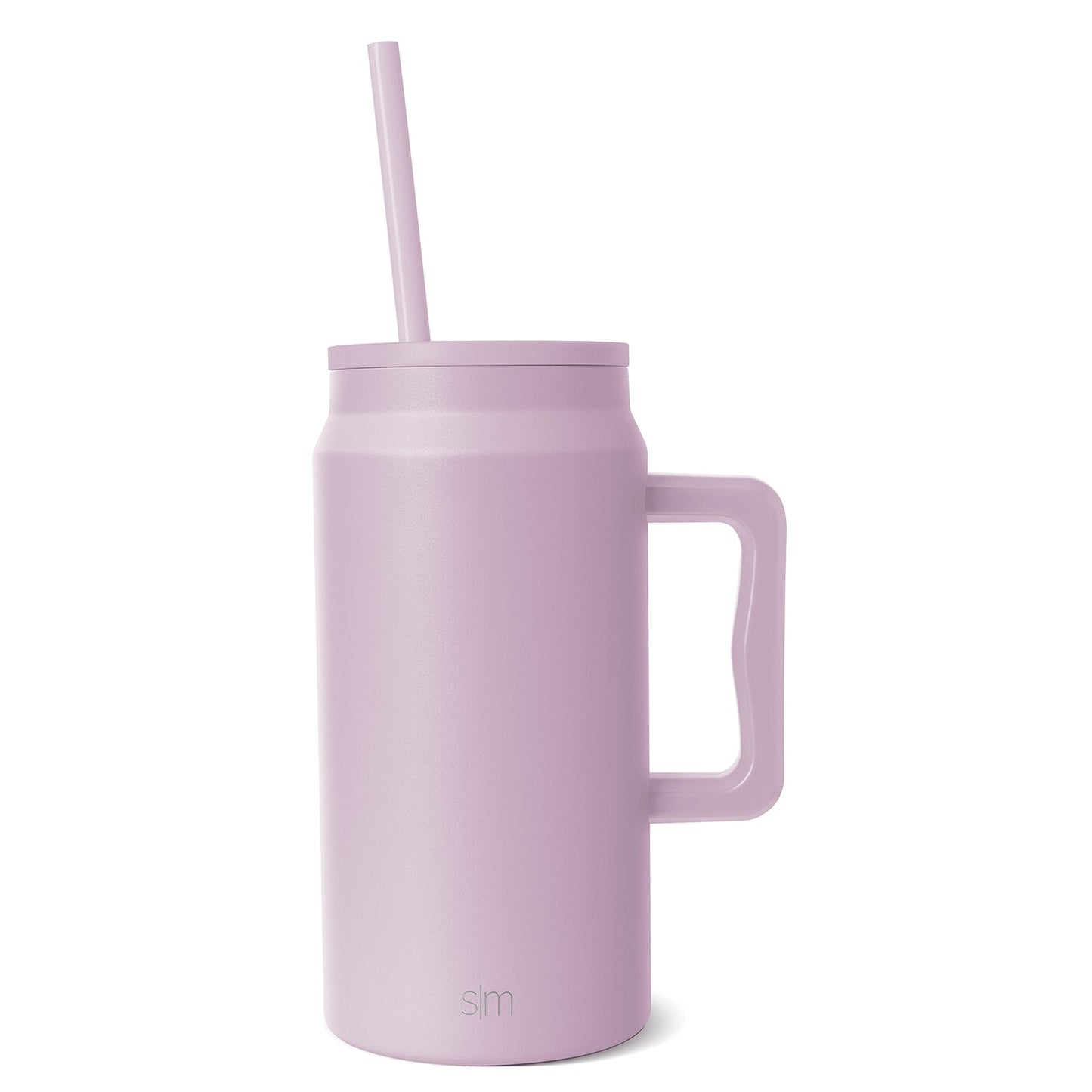 Dusty mauve-pink insulated tumbler with squared handle, matching lid, and straw