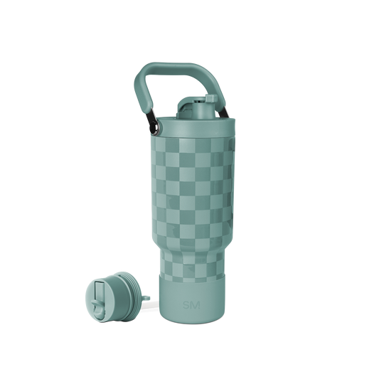 Sage green water bottle with matching lid and detachable handle, featuring a soft muted teal tone throughout the design.