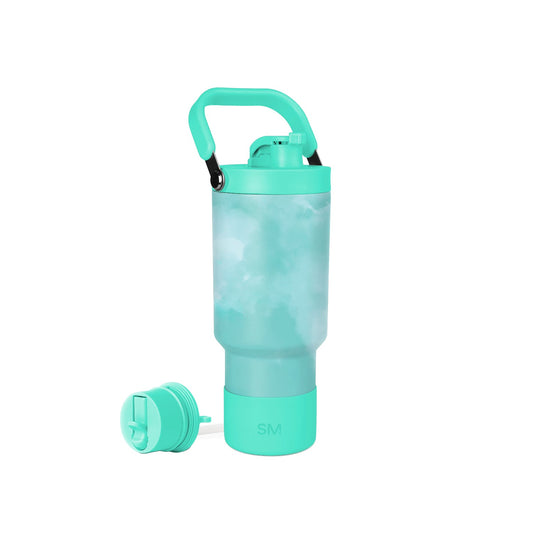 Turquoise-green water bottle with matching cap and handle against white background