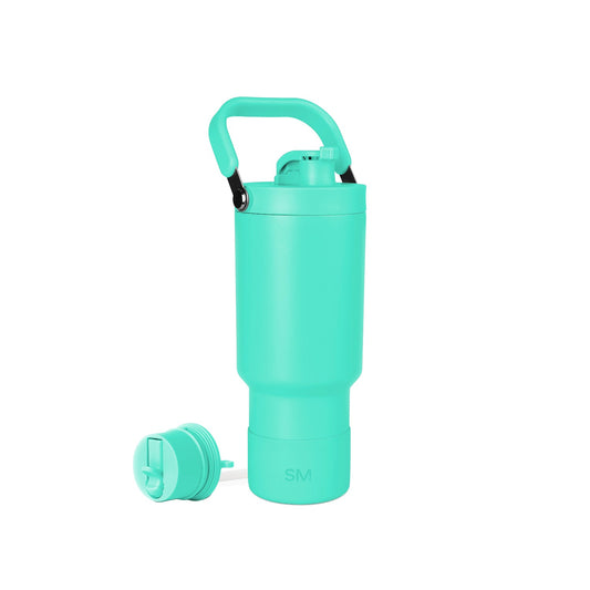Turquoise hydration bottle with matching handle and detached lid, shown against white background