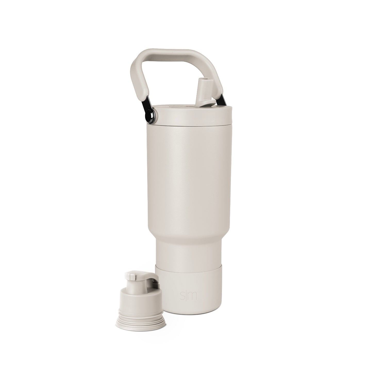 Cream and off-white water bottle with black accents, featuring a handle and removable cap, shown on a neutral background.