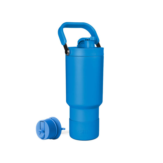 Bright royal blue water bottle with stainless steel cap against white background