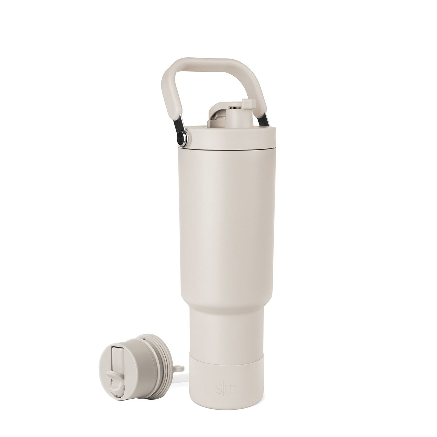 Cream-colored water bottle with black handle accent against neutral background