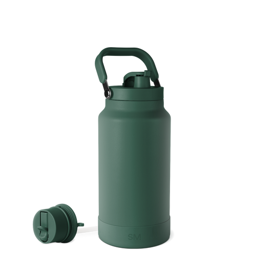 Muted sage green water bottle with matching detachable cap against white background