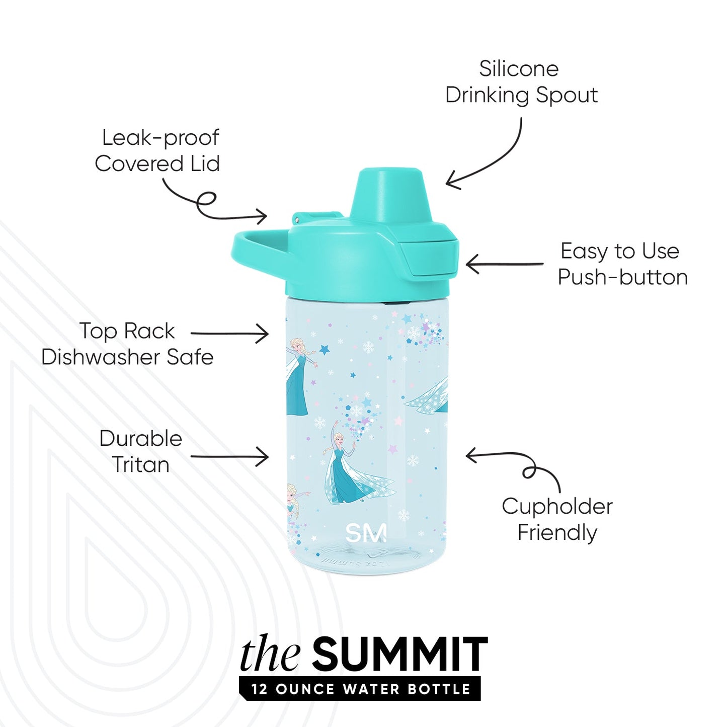 Light blue insulated water bottle with turquoise lid and spout on soft blue background