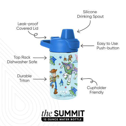 Light blue water bottle with royal blue lid and spout assembly, featuring a label design against a white background