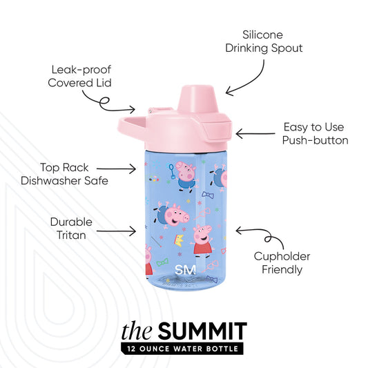 Soft blue water bottle with pale pink lid and bright pink character accent details