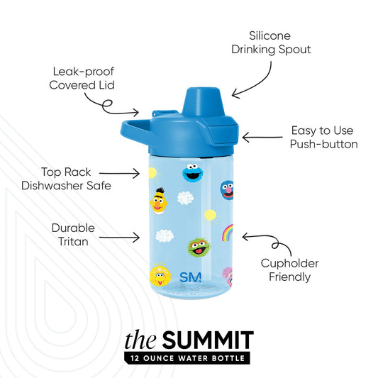 Light blue Sesame Street water bottle with darker blue lid and spout, featuring colorful character accents on the body.