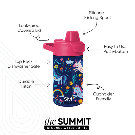 SM Summit Water Bottle with navy blue body, hot pink lid and spout, shown with product feature labels and diagram annotations