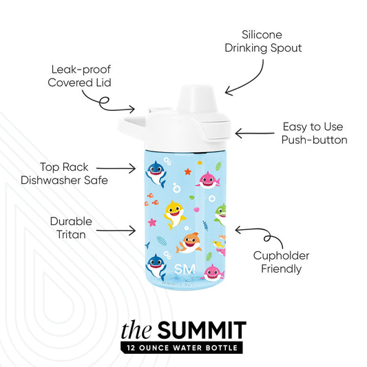 Light blue water bottle with colorful graphic designs on light blue background