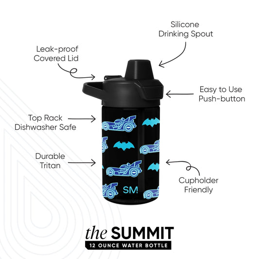 Black water bottle with cyan blue and white graphic design details and SM logo on bold black background