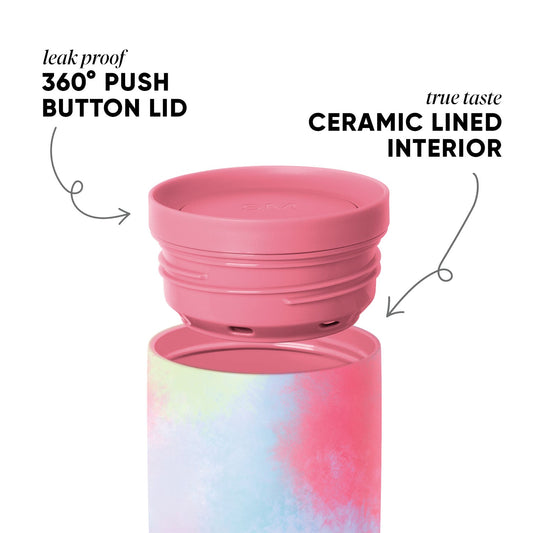Dusty rose and soft pink ombre ceramic cup with gradient watercolor effect transitioning from mauve lid to lighter pink body