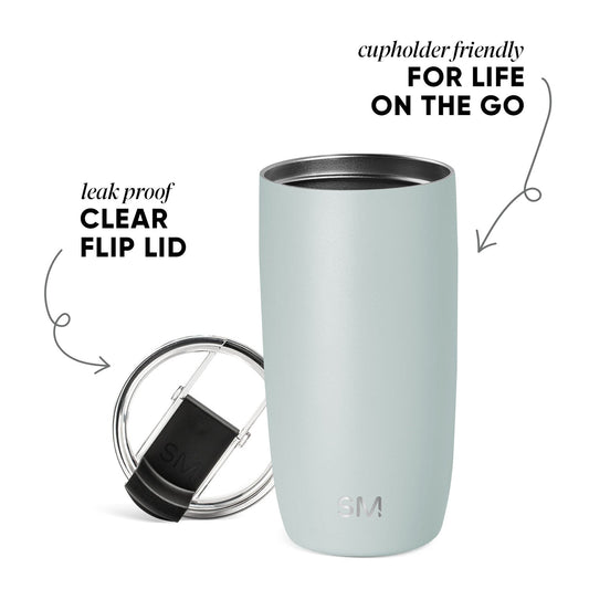 Sage green cylindrical tumbler with black and charcoal gray flip lid