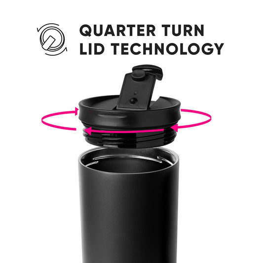 Black quarter-turn lid with magenta pink directional arrows on white background, showing how to twist the lid onto a Trek-30 drinkware vessel.