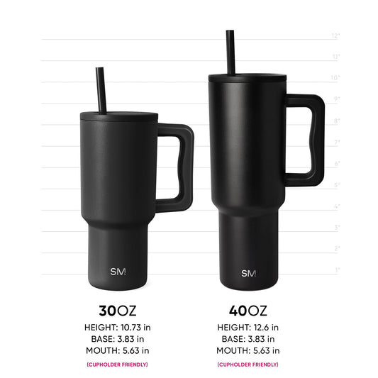 Two matte black Trek Tumblers displayed side-by-side for size comparison: 30oz tumbler on left (10.73" height) and 40oz tumbler on right (12.6" height). Both feature integrated straws, ergonomic handles, SM logo, and