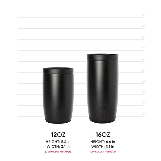 Two matte black cylindrical containers with measurement markings displayed side by side for size comparison and reference.