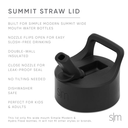 Black straw lid for Summit water bottle with secure closure design, shown against light gray background