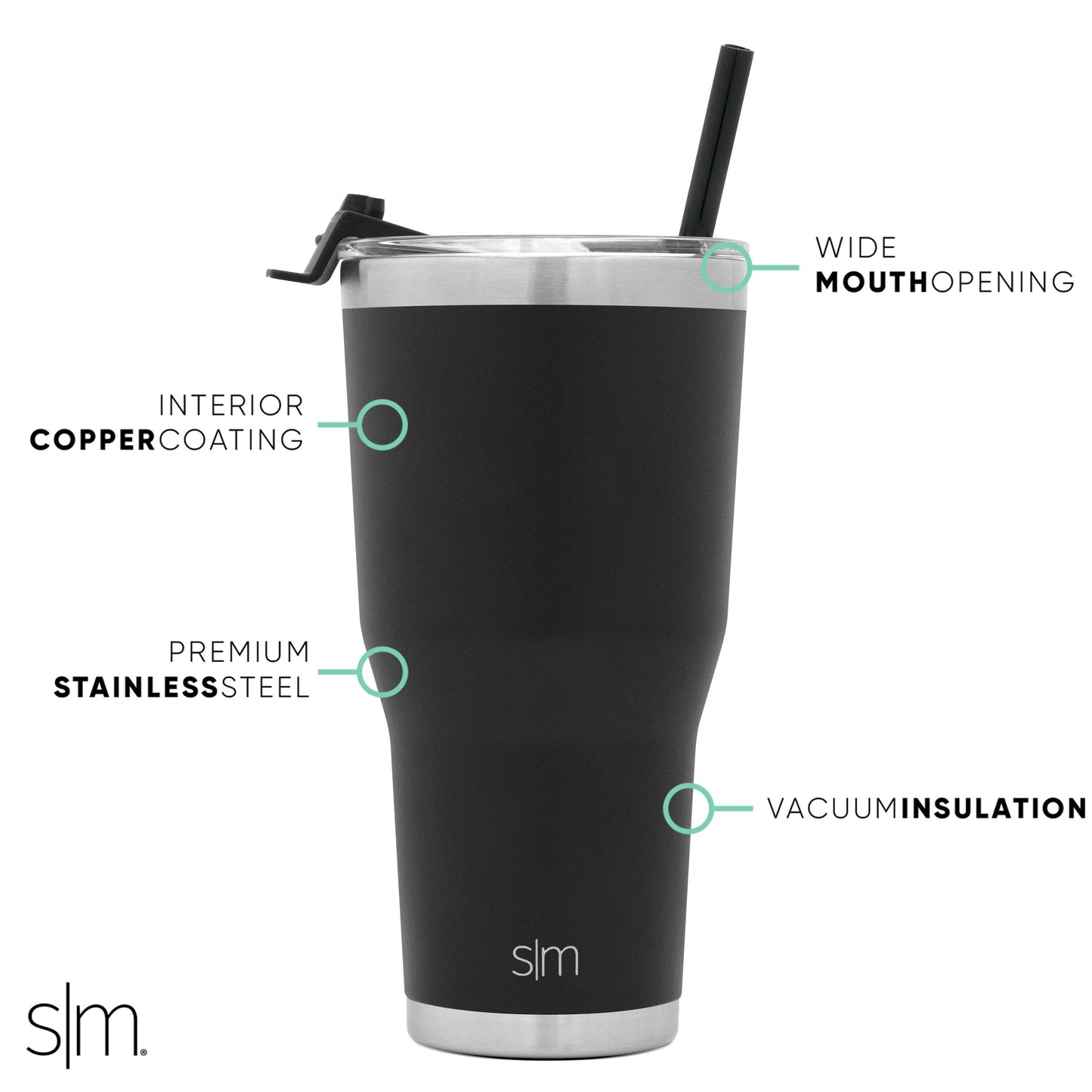 Black matte tumbler with brushed stainless steel rim and base, featuring mint green and turquoise circular design elements.