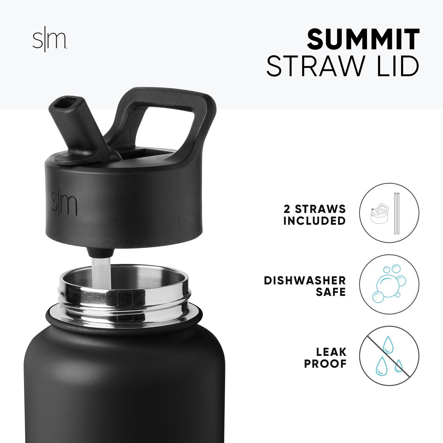 Matte black water bottle with silver-tone threaded ring band and Summit Straw Lid, shown against white background.