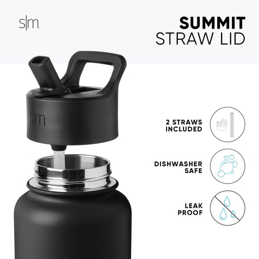 Matte black water bottle with silver-tone threaded ring band and Summit Straw Lid, shown against white background.