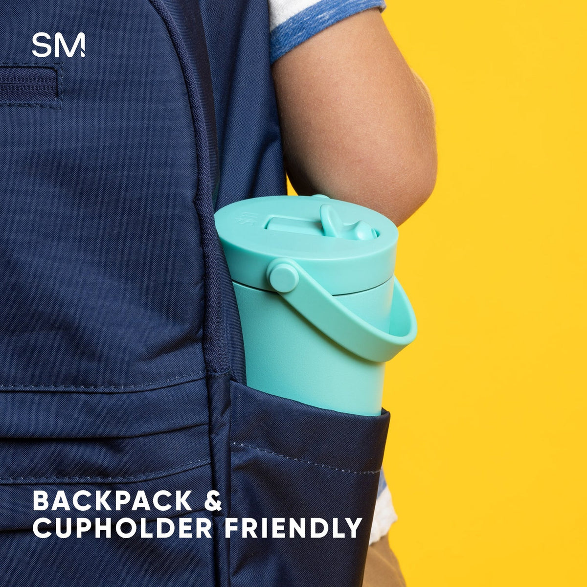 Turquoise water bottle displayed against a bright yellow background, designed for kids with backpack-friendly features