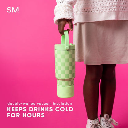 Bright lime green 24oz kids water bottle with checkerboard pattern on vibrant hot pink background, emphasizing cold insulation capability for extended beverage cooling.
