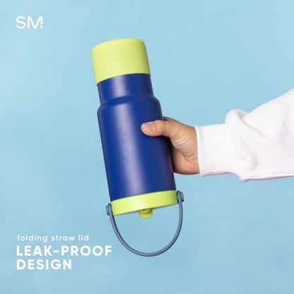 24oz Kids Trek Pivot leak-proof water bottle with bright pale yellow-lime green top and bottom sections on light blue background