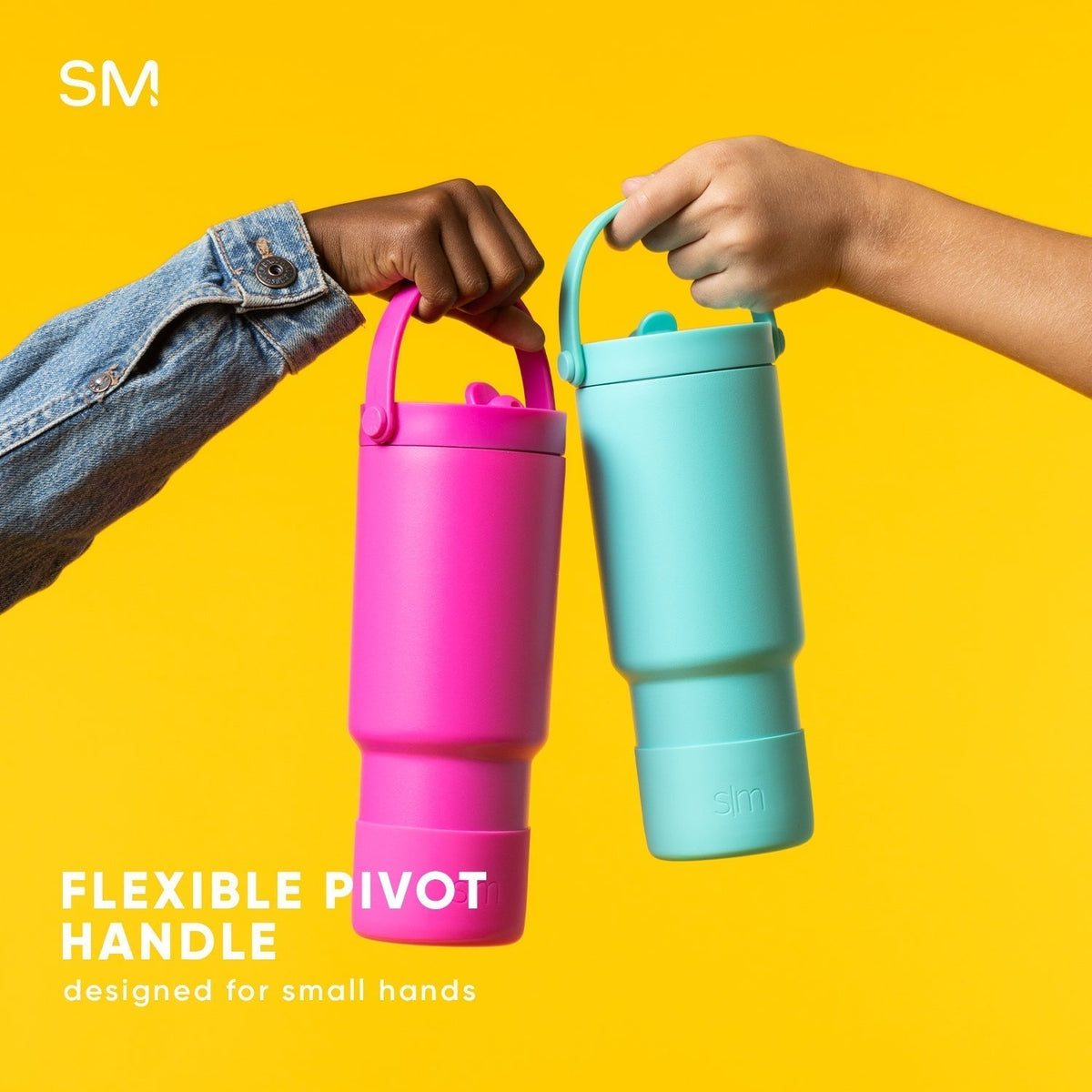 Two colorful kids' water bottles with pivot handles on a bright yellow background: one hot pink and one light blue, designed for easy drinking and portability.
