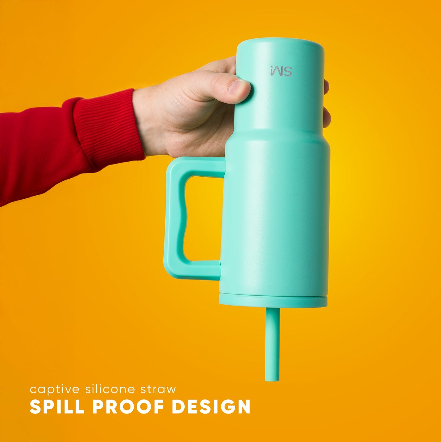 24oz turquoise kids water bottle with handle on golden yellow background, featuring leak-proof design
