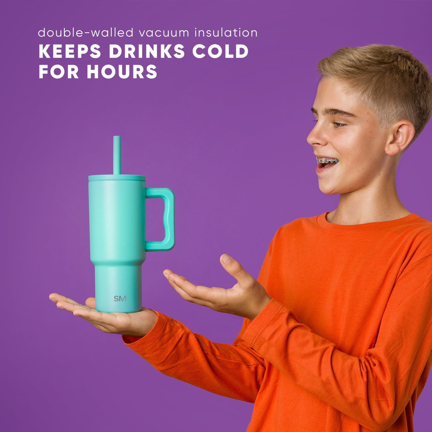 Purple 24oz Kids Trek vacuum-insulated water bottle with turquoise straw against vibrant purple background, featuring insulation technology design