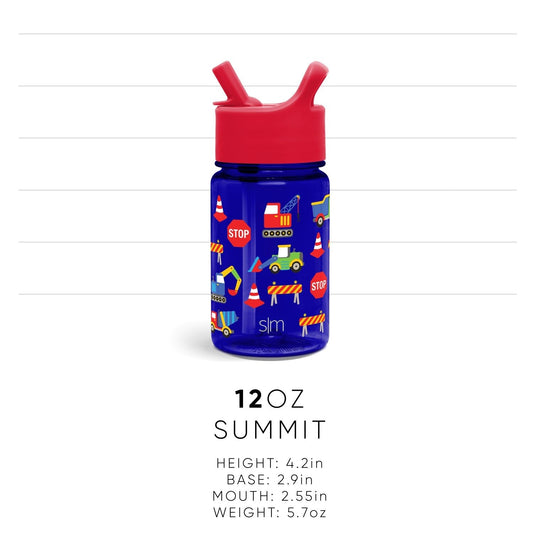 Cobalt blue water bottle with bright red dual-spout cap and colorful accent label design