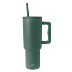 Sage green Trek Tumbler with matching handle and straw on white background