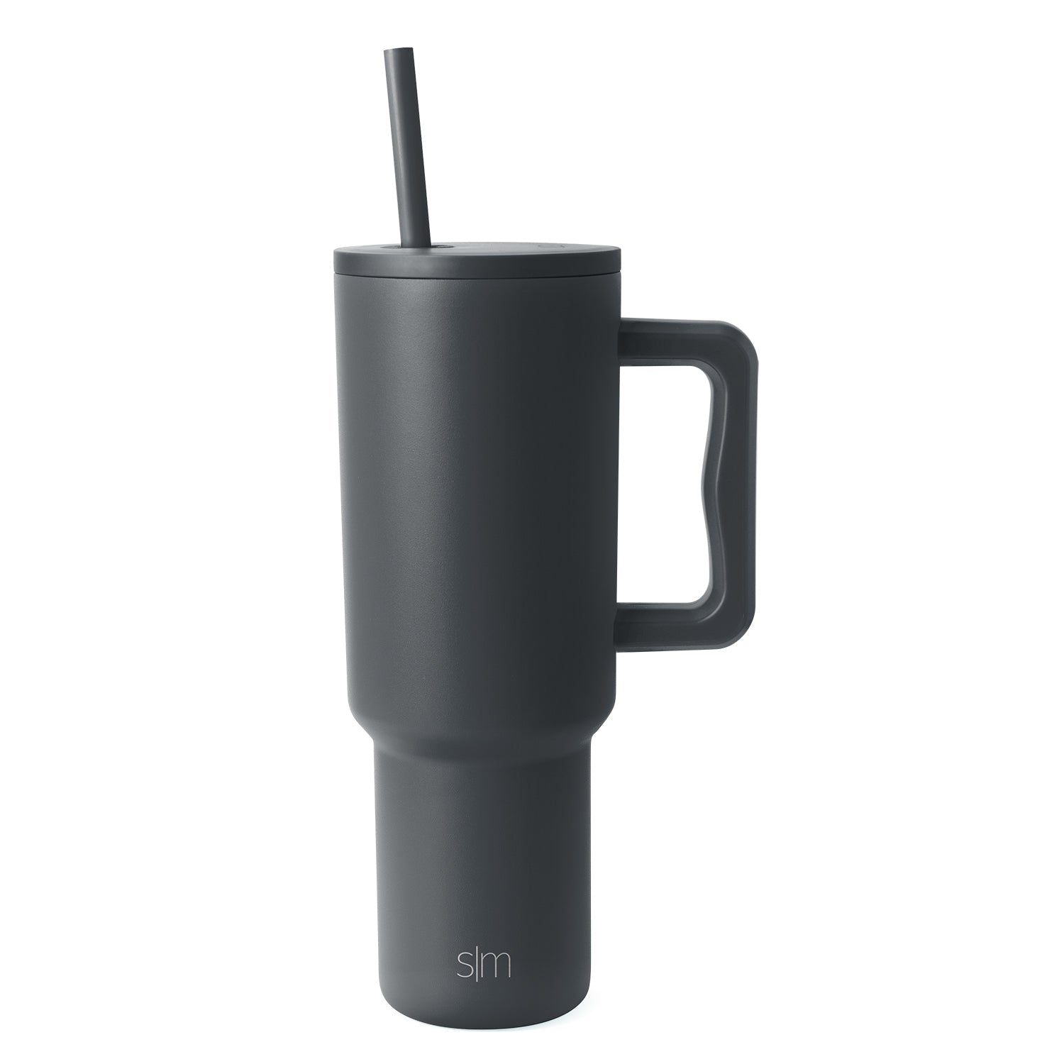 Charcoal gray Trek Tumbler with tapered cylindrical design, fitted lid, centered straw, and rectangular handle against white background