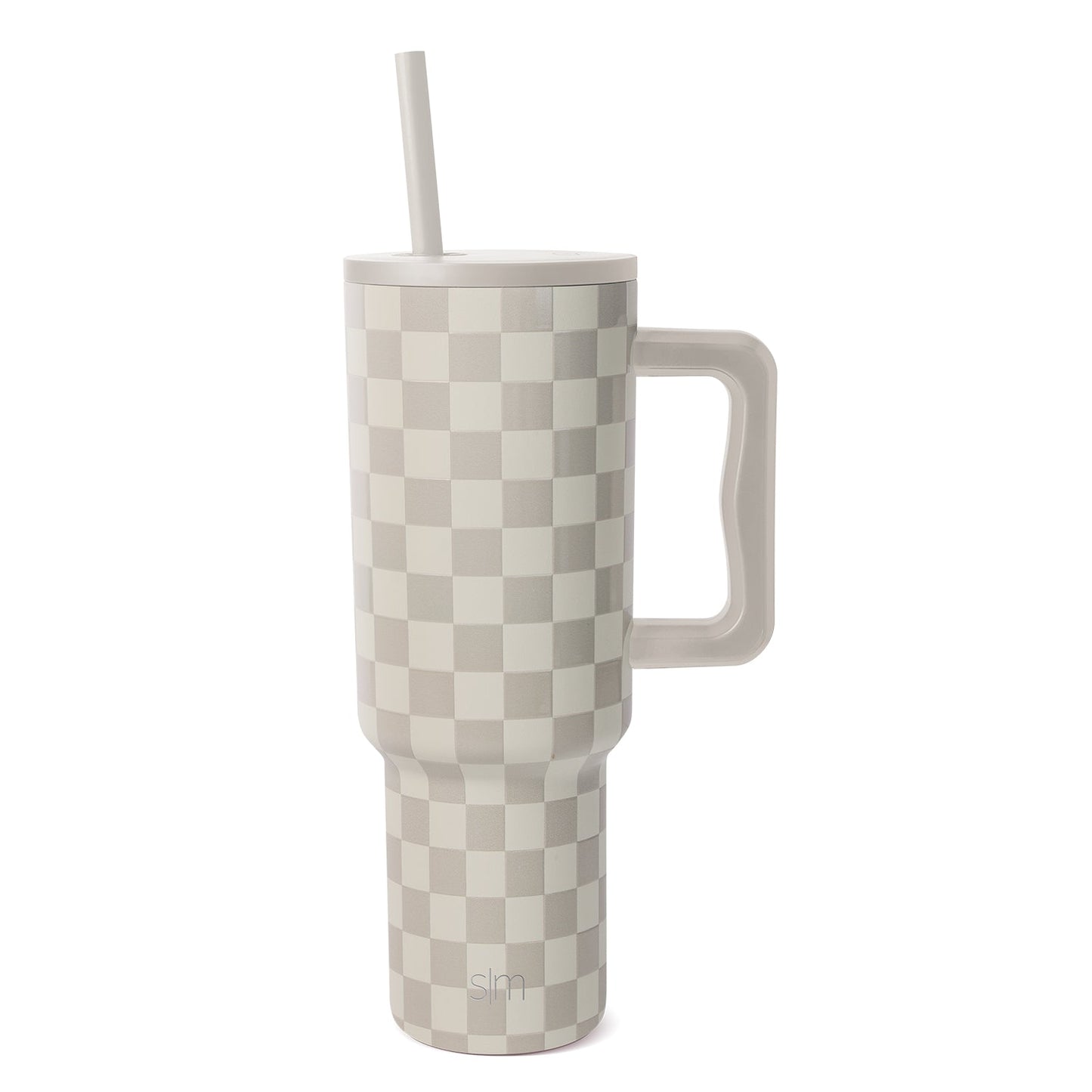 Tall insulated tumbler with handle and straw featuring a cream and taupe checkerboard pattern on white background