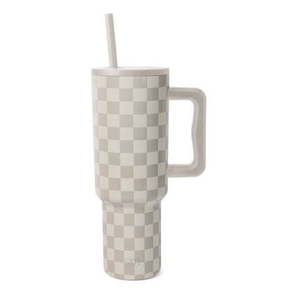 Tall insulated tumbler with handle and straw featuring a cream and taupe checkerboard pattern on white background