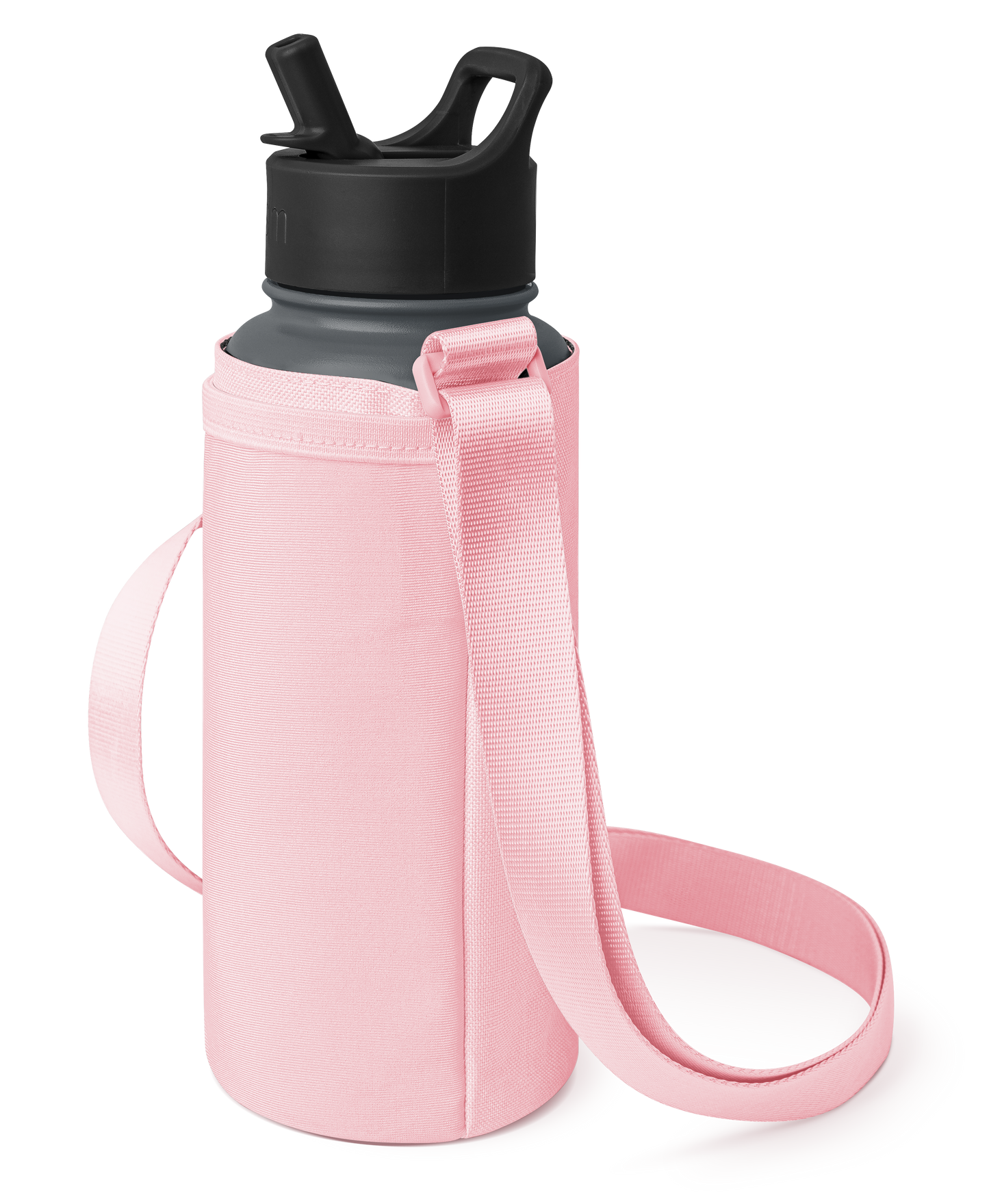 Small water bottle with carrier in soft pink and deep black, cylindrical insulated design