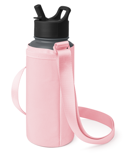 Small water bottle with carrier in soft pink and deep black, cylindrical insulated design