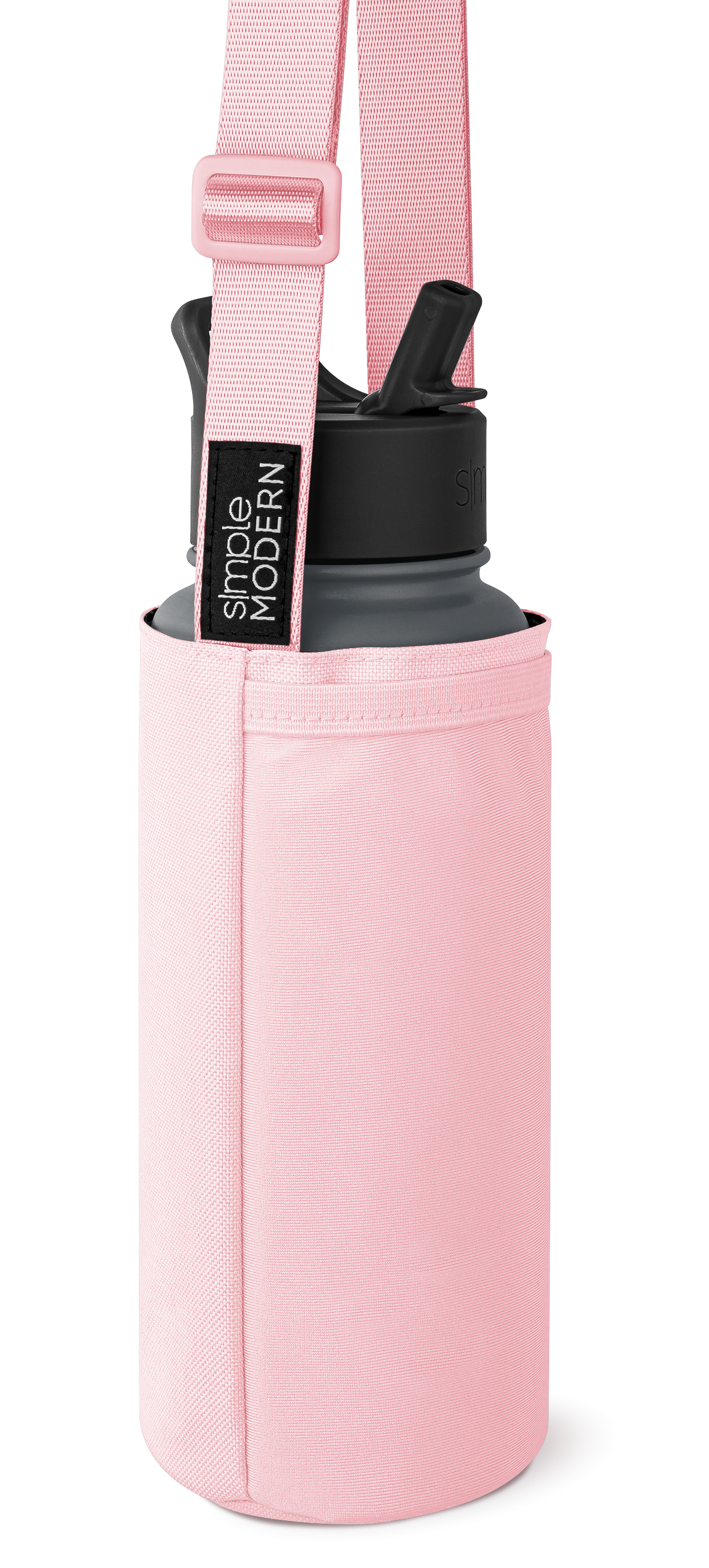 Soft pink cylindrical carrying case with charcoal gray and black accents, featuring a matching shoulder strap with webbing texture.