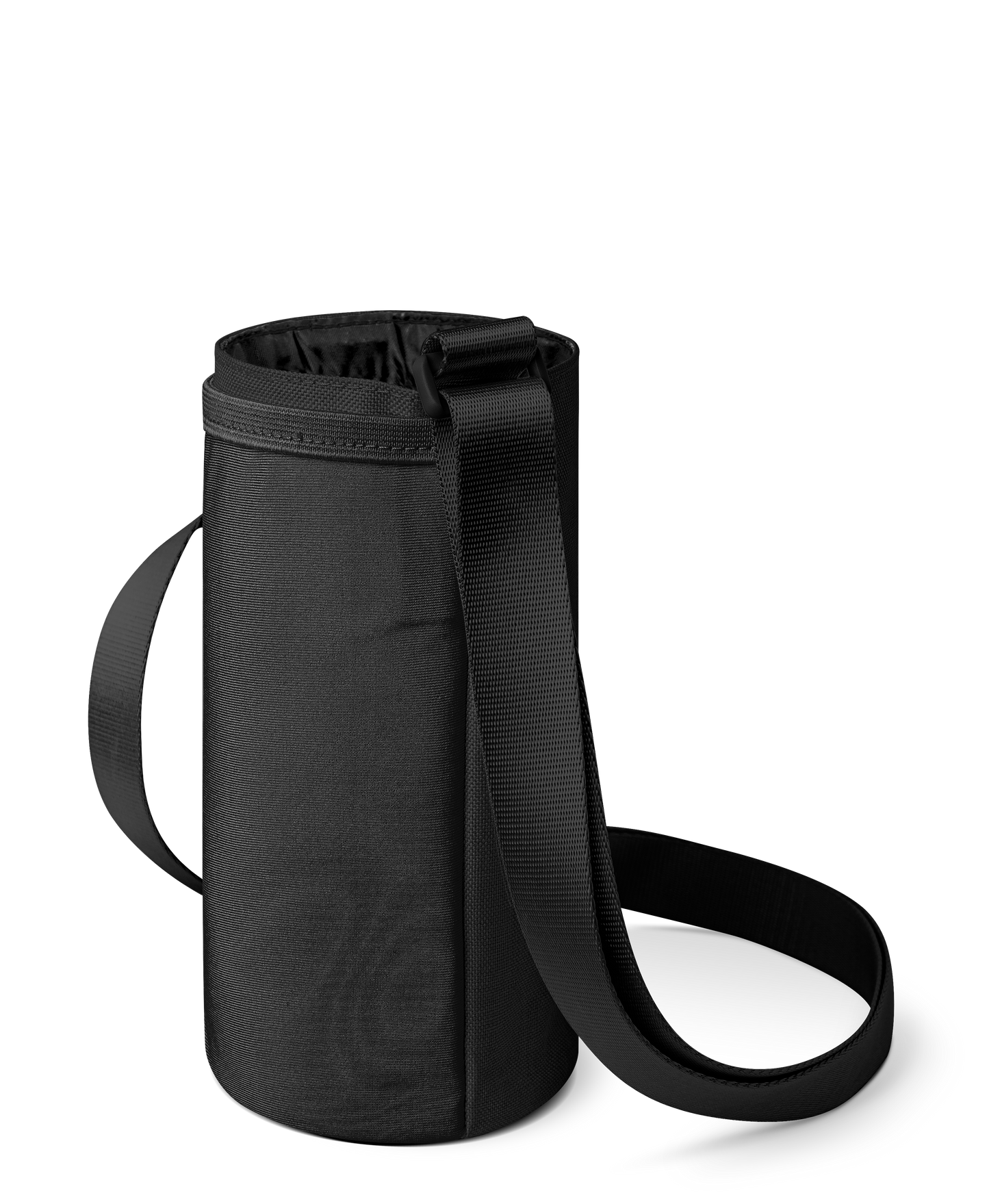 Black and charcoal gray baby carrier with dark gray fabric body, black straps, interior lining, and drawstring closure