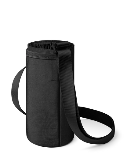 Black and charcoal gray baby carrier with dark gray fabric body, black straps, interior lining, and drawstring closure