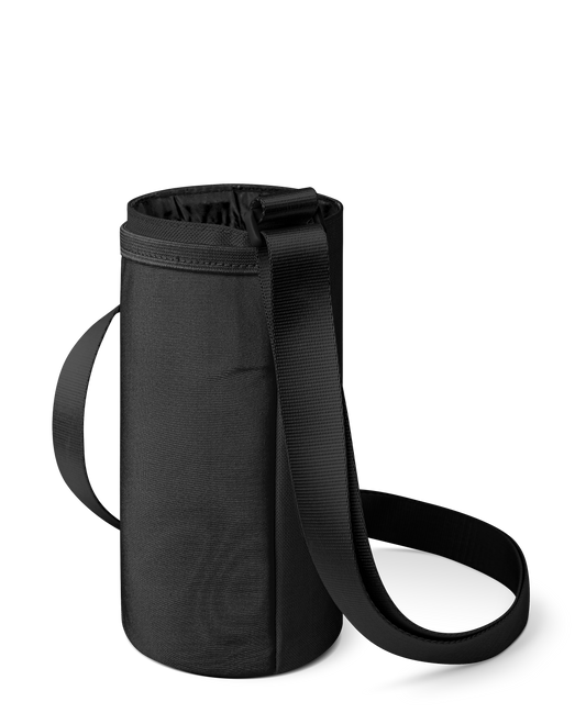 Black and charcoal gray baby carrier with dark gray fabric body, black straps, interior lining, and drawstring closure