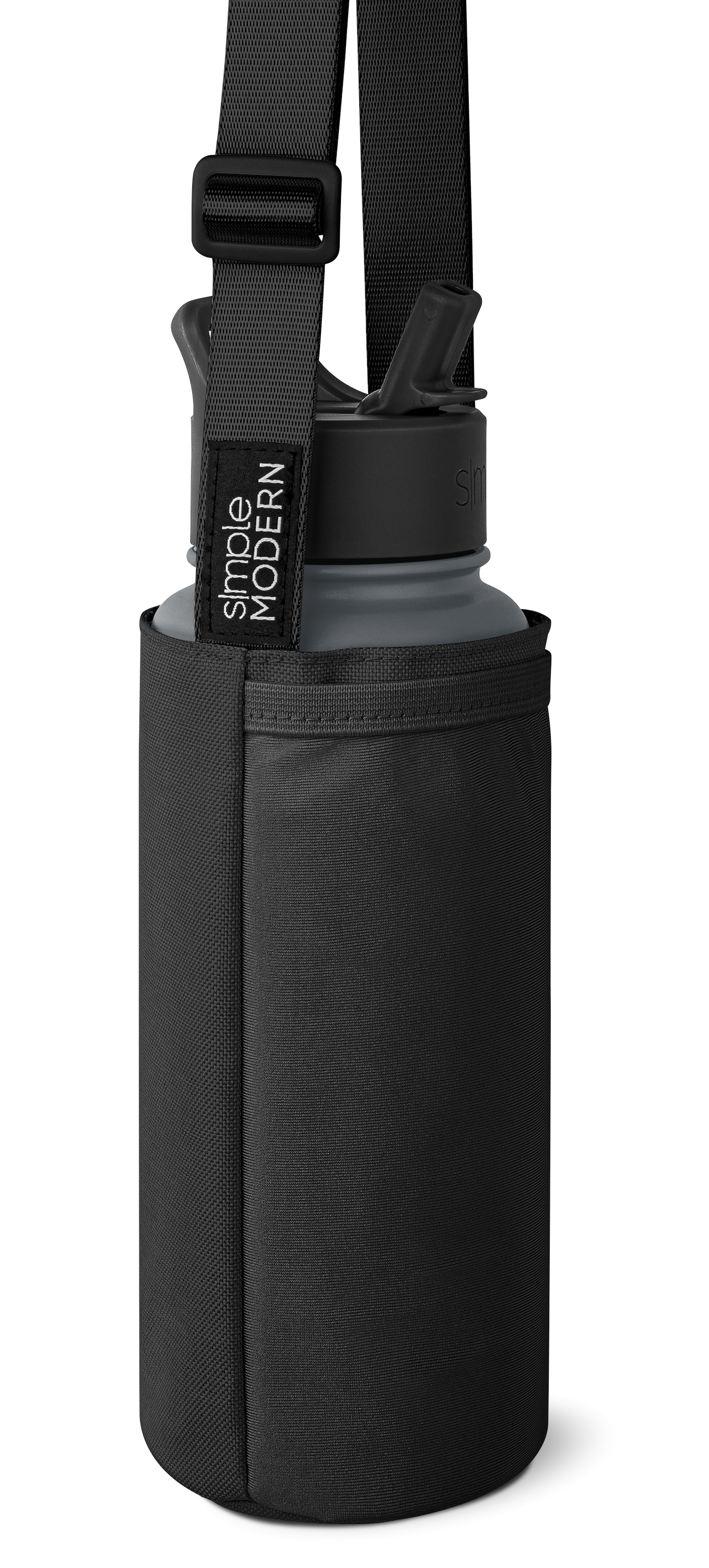Dark charcoal gray fabric bottle carrier with matte black cap water bottle inside, featuring gray body and black tones throughout.