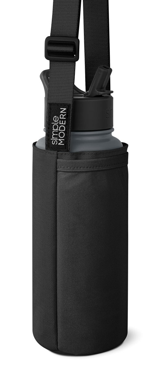 Dark charcoal gray fabric bottle carrier with matte black cap water bottle inside, featuring gray body and black tones throughout.
