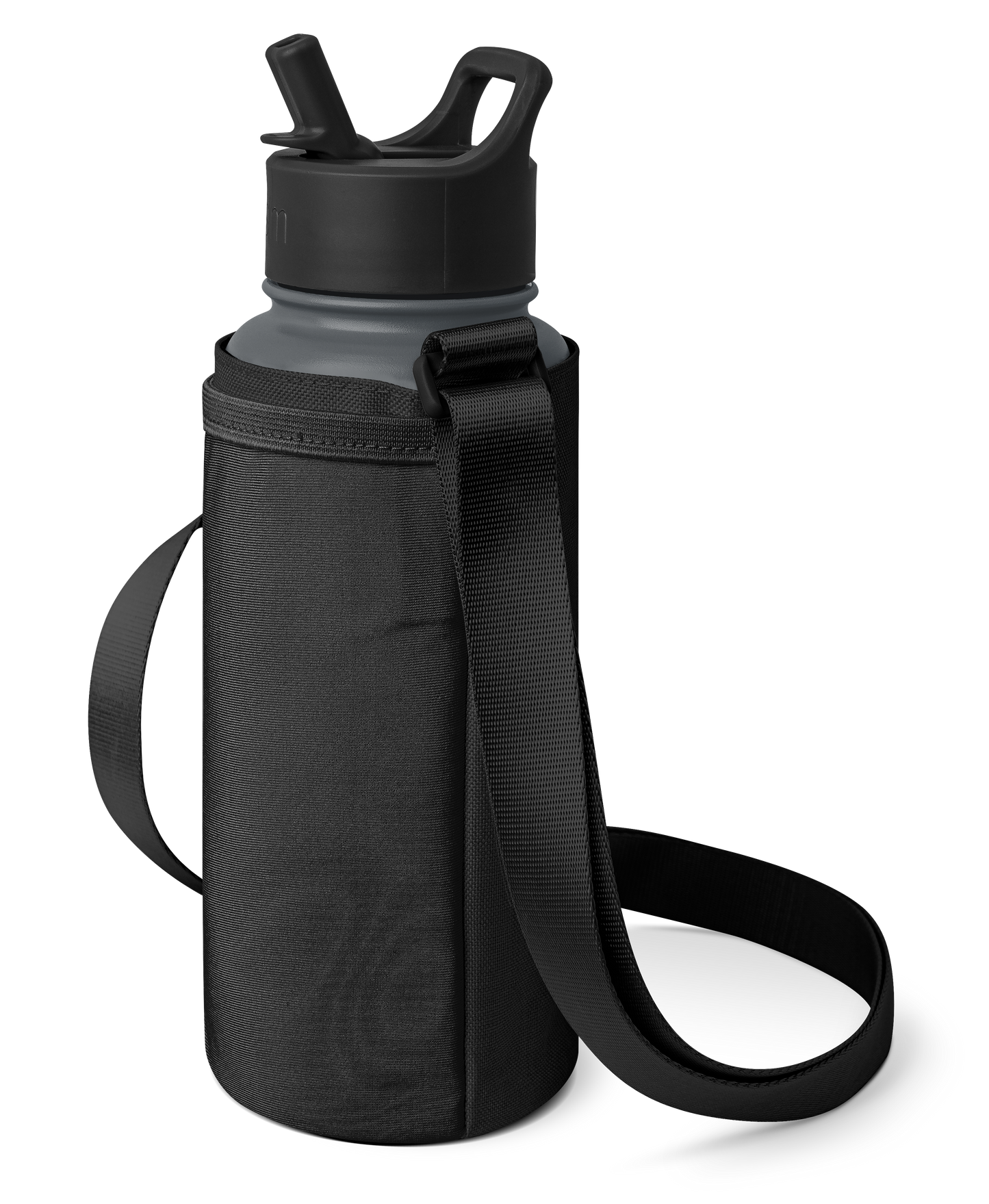 Matte black water bottle with dark charcoal gray insulated sleeve carrier