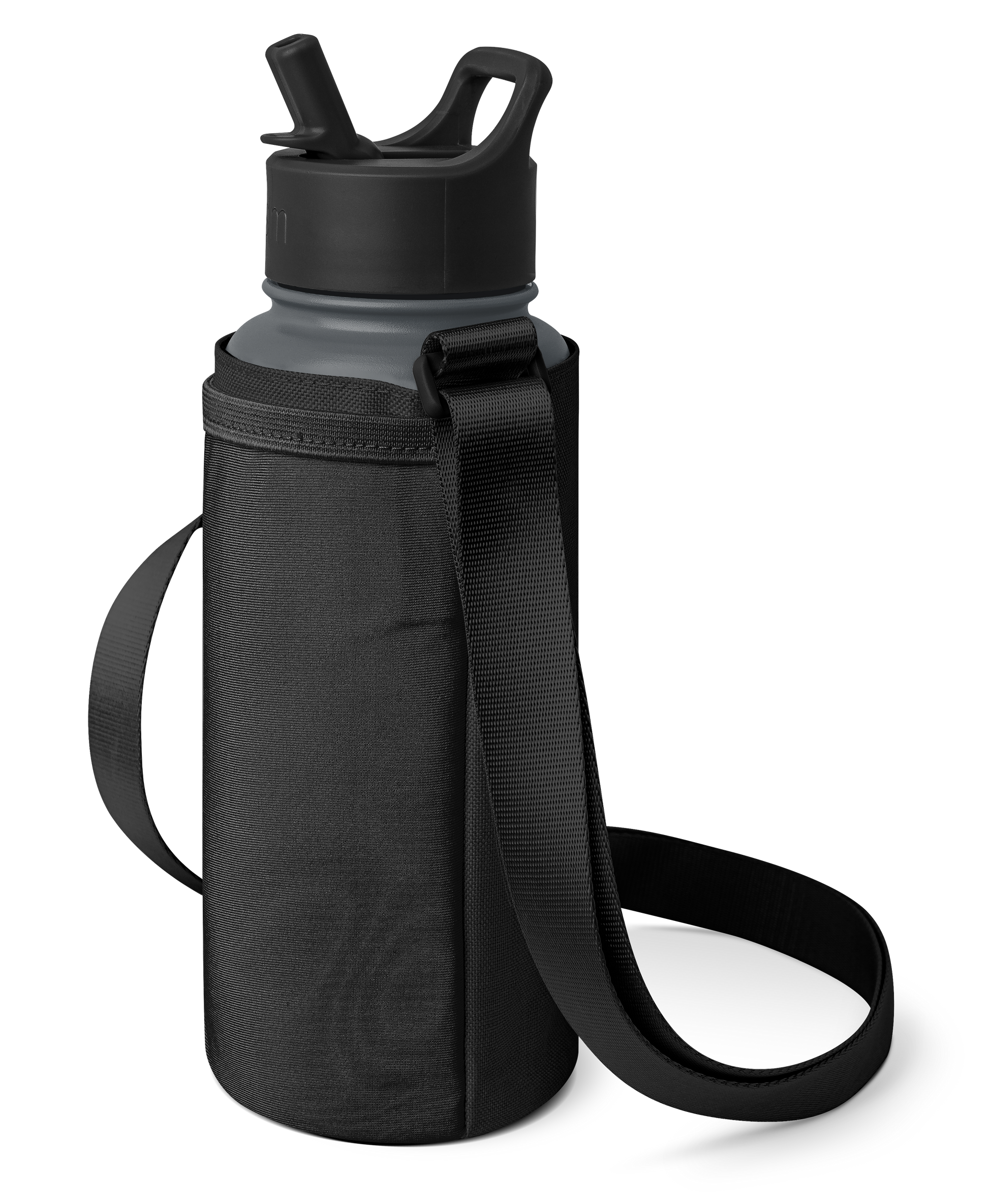 Matte black water bottle with dark charcoal gray insulated sleeve carrier