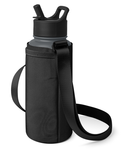 Matte black water bottle with dark charcoal gray insulated sleeve carrier
