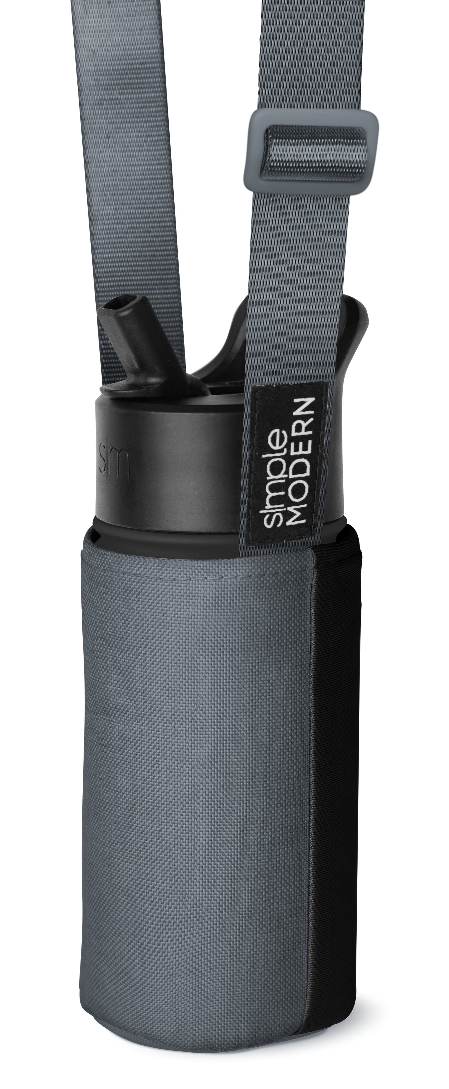 Gray neoprene cylindrical bottle carrier with black band on white background