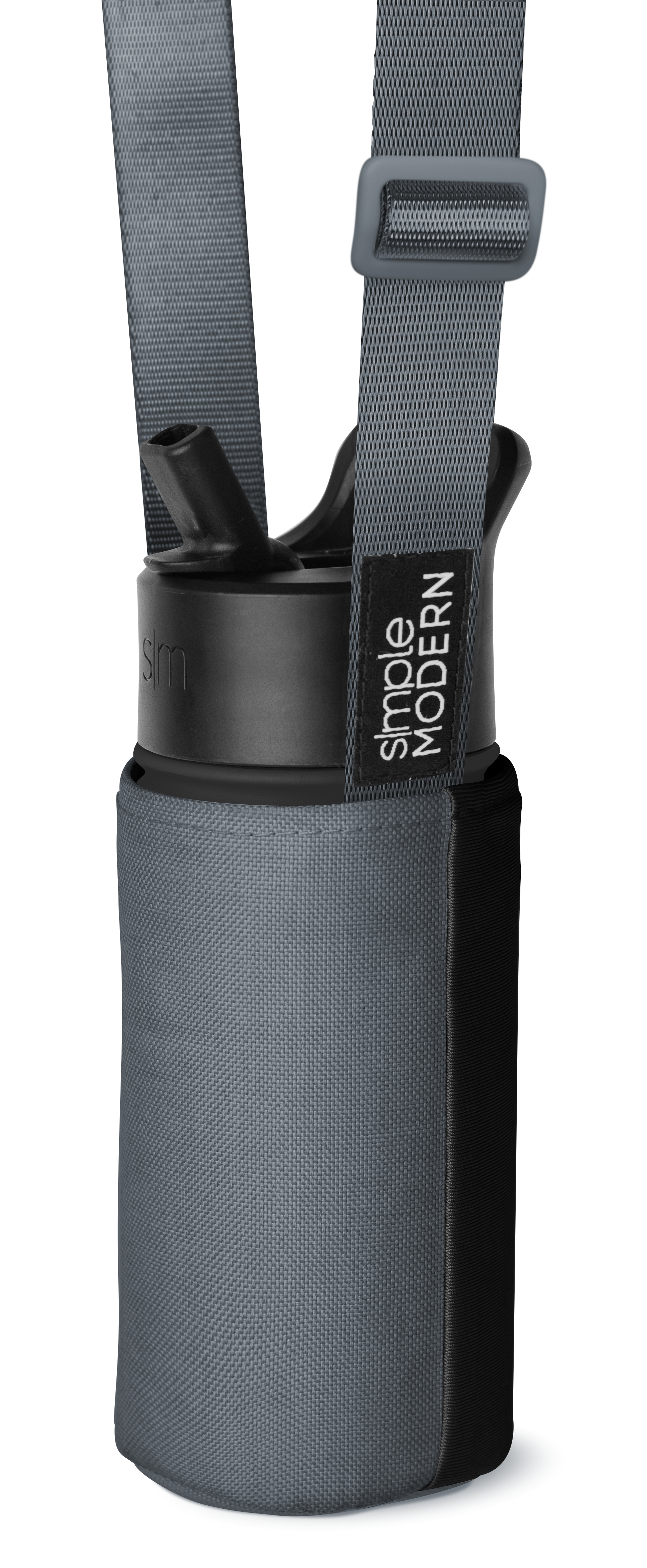 Gray neoprene cylindrical bottle carrier with black band on white background