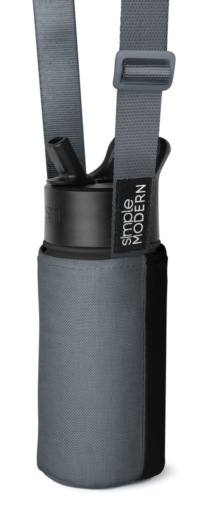 Gray neoprene cylindrical bottle carrier with black band on white background