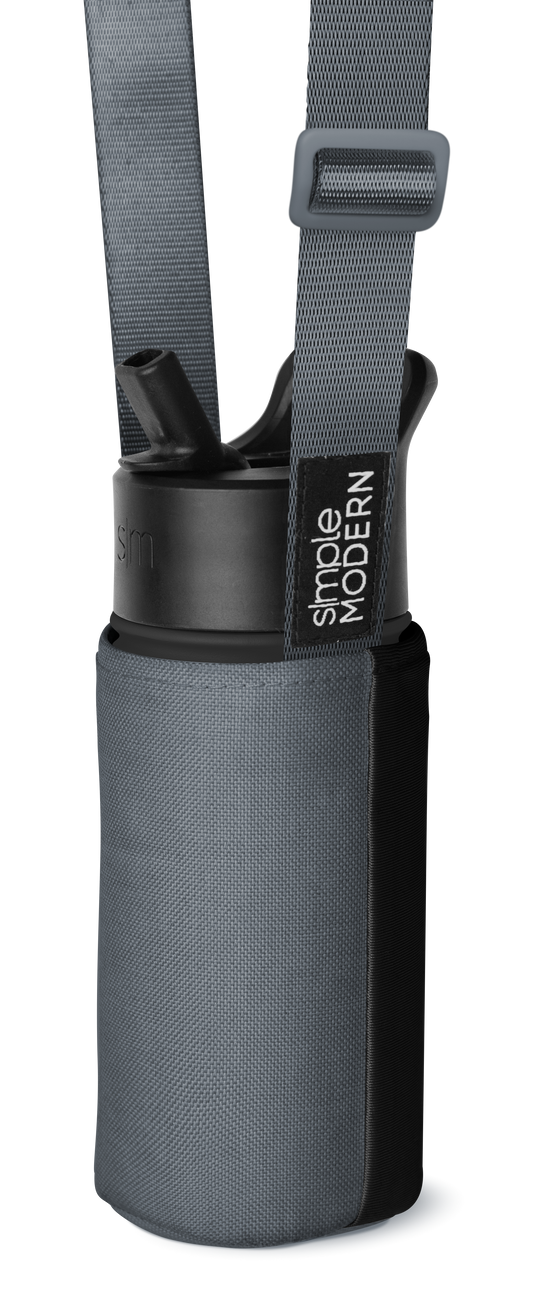 Gray neoprene cylindrical bottle carrier with black band on white background